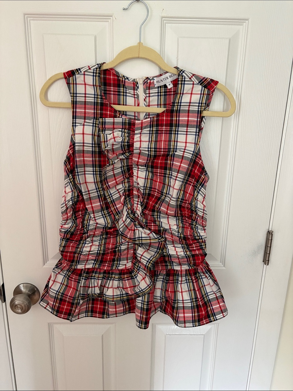 HUNTER BELL Red White Black Plaid Ruffle Peplum Top